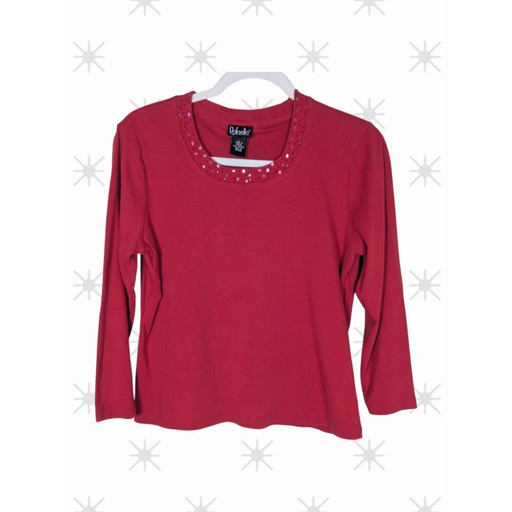 Rafaella Red Embellished Round Neck Cotton Stretch Top Sz Lg